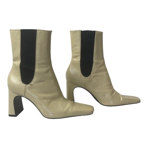 Zara Beige Patent Leather Square Toe Side Goring Heeled Ankle Boots Size 6‎ - Picture 4 of 12